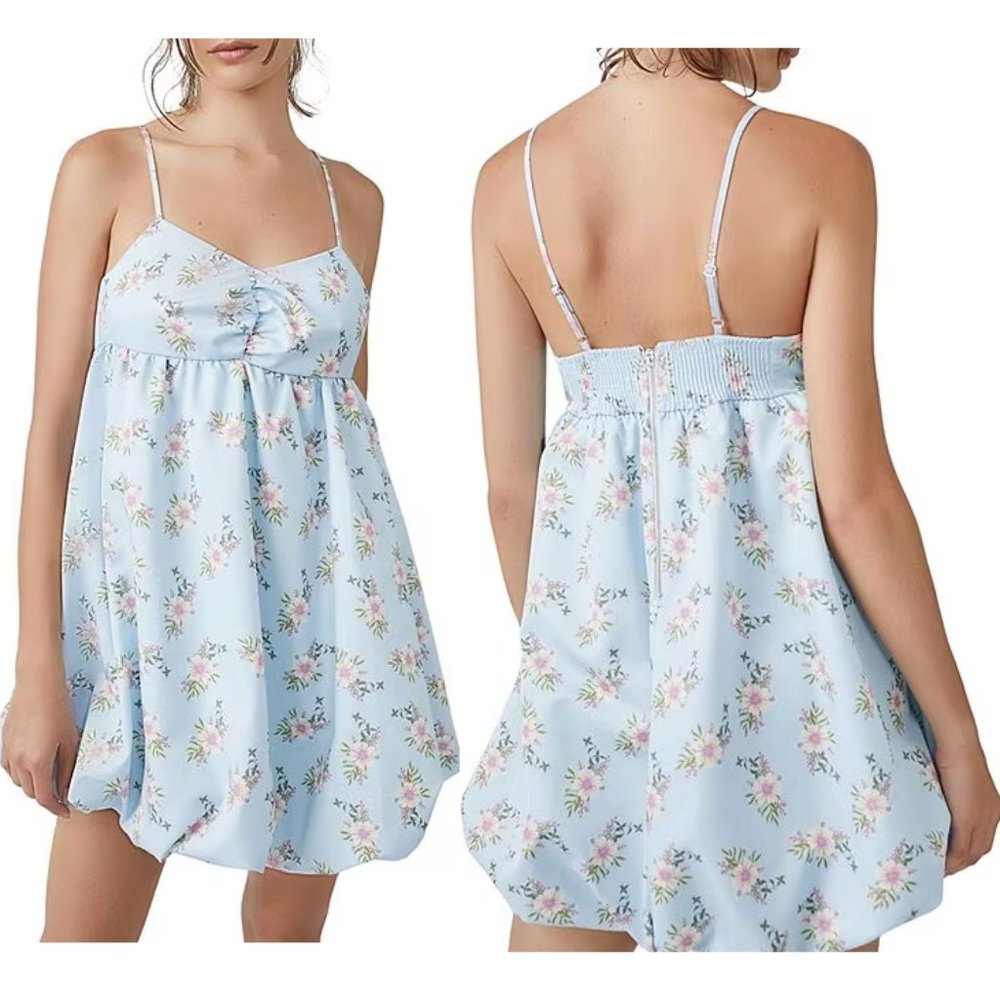 NWT Free People In A Bubble Mini Dress Floral Blue Bluebell Strappy Babydoll